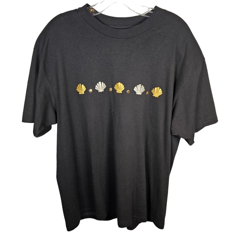 Vintage RARE Cruise Black Shirt Embroidered Seashells Shells Women's XL USA 70's